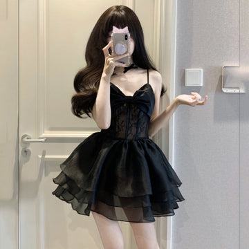 A line Spaghetti Straps Chiffon Black Holiday Dress Birthday Dresses Birthday Outfits SD1237